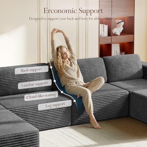Vesgantti 159" Large Modular Sectional Sofa, U-Shaped Corduroy Cloud Couch with Deep Seats & Spring Support, 4-Seater Boneless Sofa with 2 Movable Ottomans, No Assembly Needed, Grey - Image 6