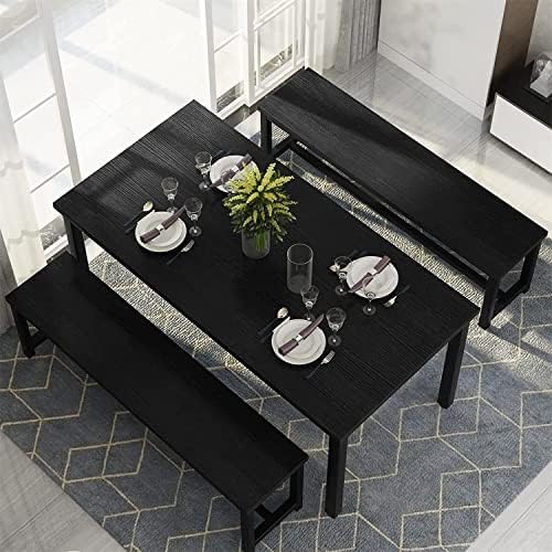 Dining Room Table Set with 2 Benches, Farmhouse Dining Table Set for 4-6, Wood Breakfast Table Set Dinner Table Set Kitchen Table and Chairs for Breakfast Nook Small Spaces, Black - Image 3