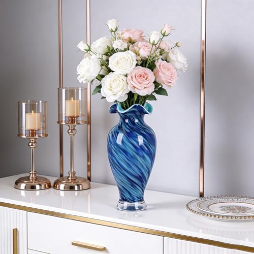 12" Tall Hand Blown Glass Vase – Pretty Ruffle Wide Mouth Decorative Flower Vase, for Modern Home Decor, Ideal Centerpiece for Living Rooms, Wedding & Home Decor - Image 6