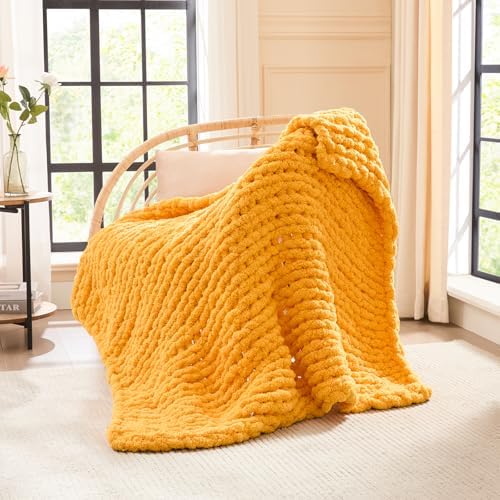 L'AGRATY Chunky Knit Throw Blanket for Couch, 40 x 50 Inches Mustard Yellow by LAGRATY