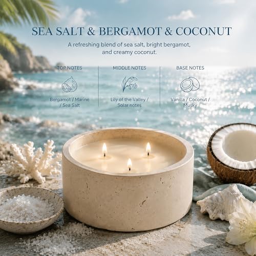3-Wick Scented Candle-Sea Salt & Bergamot & Coconut,Soy Coconut Wax Blend Candle with Acacia Wood Lid,21oz Large Candle,45-Hour Long Burning,Aromatherapy Candle for Home Decor - Image 4
