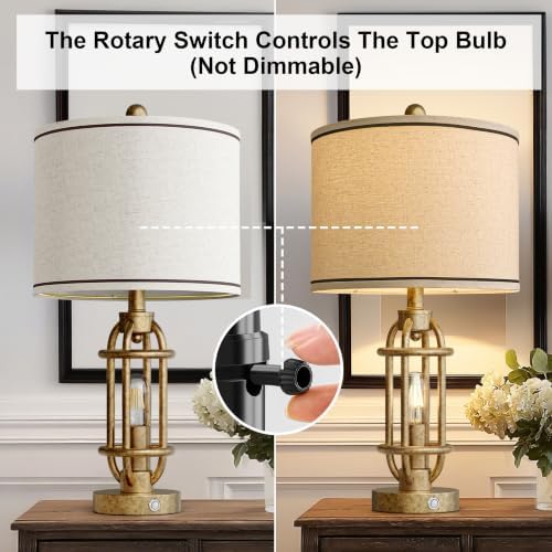 G-SAFAVA 23.75'' Table Lamps Set of 2 for Living Room Bedroom Industrial Farmhouse Metal Touch Lamps with USB A+C Ports, Night Light Vintage Nightstand Bedside Lamp, Bulbs Included, Champagne Gold - Image 6