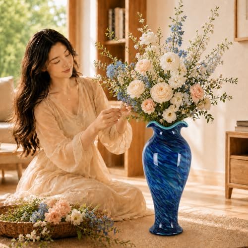 19.7H Murano Hand Blown Glass Vase, Ruffled Scalloped Rim Wide Mouth Colorful Decorative Flower Vase, Large Glass Centerpiece for Living Room, Bathroom, Office, Bookshelf, Entryway,Mantel Decor(Blue) - Image 5
