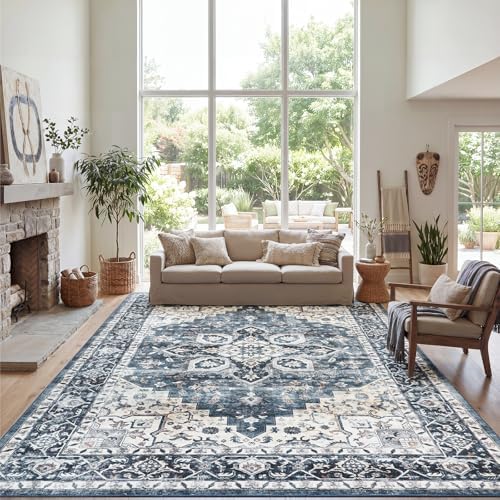 Amada Large 9x12 Washable Area Rug for Living Room, Blue, Vintage Pattern - Image 6