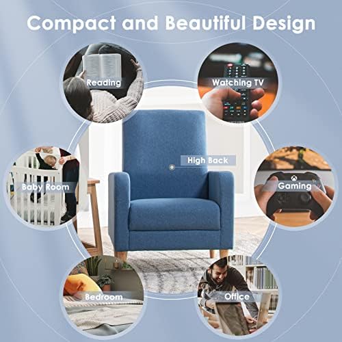 COLAMY Mid-Century Modern Accent Chair, Fabric Upholstered Living Room Chair with Back Pillow & Solid Wood Legs, Comfy Armchair for Living Room, Bedroom, Single Sofa, Blue - Image 6