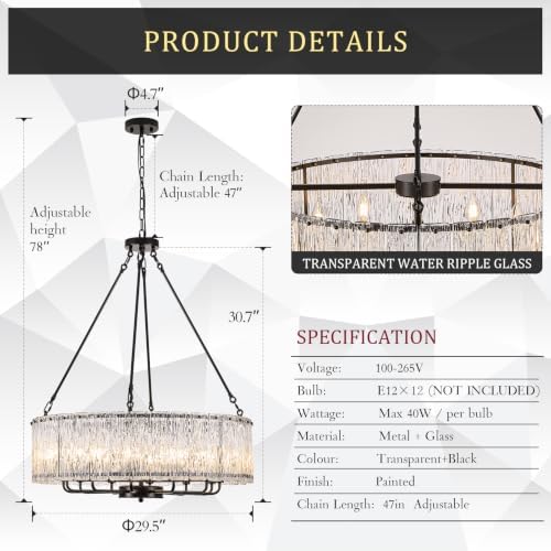 CATINER Modern 30" Crystal Glass Chandelier 12-Light Black Chandeliers - Image 3