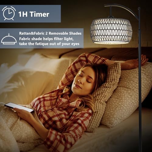 Arc Floor Lamp for Bedroom, Boho Standing Lamp with Remote & LED Smart Bulb, Rattan Floor Lamps for Living Room with 3 Color Temperatures, Height Adjustable Corner Tall Lamp, Stand up Light for Office - Image 6