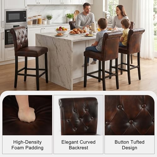LSSBOUGHT 24 Inches Leather Counter Height Stools Set of 4 with Solid Wood Legs Bar Chairs for Kitchen lsland & Dining Room(Brown,4PCS) - Image 4