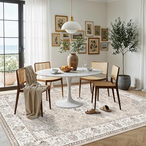 7x10 Area Rug for Living Room: Washable Neutral Vintage Large Rugs for Bedroom, Office, Dining Room, Kids Room, Farmhouse Durable Low Pile Non Slip Carpet for High Traffic Areas(7x10 Beige) - Image 2