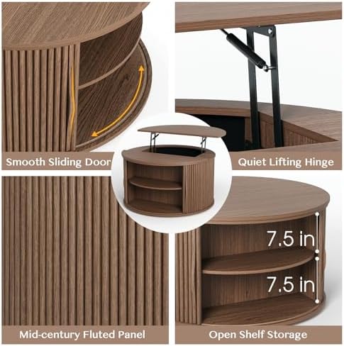 JOINICE Round Lift Top Coffee Table with Storage for Living Room,Walnut - Image 4