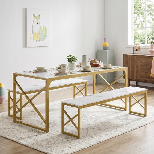 VECELO 55” Kitchen Dining Table Set for 4, Heavy-Duty Steel Frame & Wood-Grain Tabletop, Space-Saving Dinette Sets with 2 Benches for Breakfast Nook and Small Space, Golden by VECELO