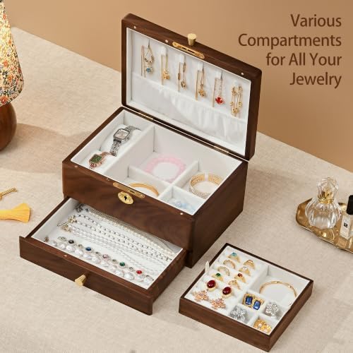 Black Walnut Lockable Jewelry Box, 3 Layer Wooden Organizer Case for Women - Image 3
