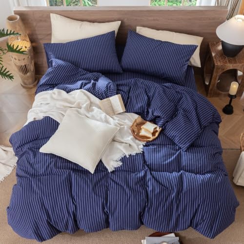 MooMee Striped Duvet Cover Set 100% Washed Cotton Linen Like King - Image 4