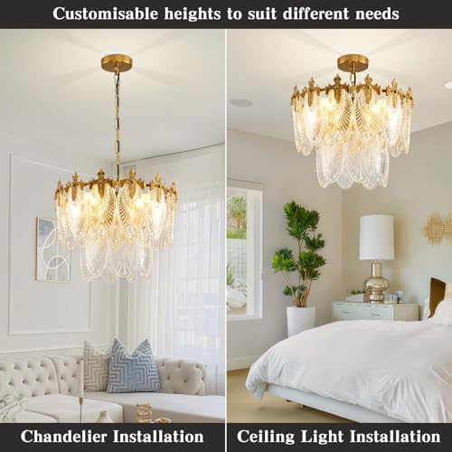 Antique Chandeliers 2-Layer Gold Crystal Glass Chandelier, 4-Light Round Pendant Light 17.7" Brushed Brass Adjustable Height, Applicable to Dining Room, Bedroom, Living Room, Foyer, Kitchen Island - Image 6