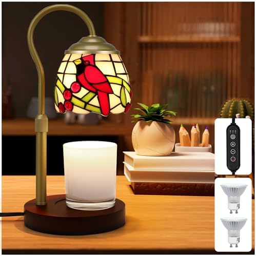 Candle Warmer Lamp with Timer Dimmer, Adjustable Height Candle Warmer for Jar Candles, Birthday Gifts for Women New Home Bedroom Decor Tiffany Red Cardinal Style Stained Glass with 2 Bulbs by XIFEINIU