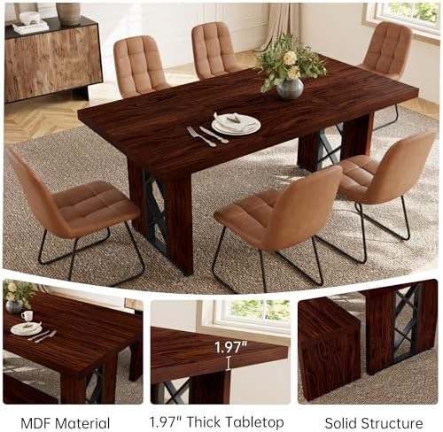 HIPIHOM 7-Piece Dining Table Set for 6, Walnut Table with 6 PU Brown Chairs - Image 3