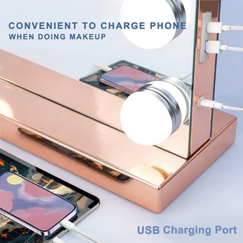 Ratsamee Rose Gold Hollywood Vanity Mirror with Lights, 15 Dimmable Bulbs, 3 Color Lights,Make Up Lighted Mirror, Aluminum Metal Frame, USB Charging Port（23" x 18"） - Image 6