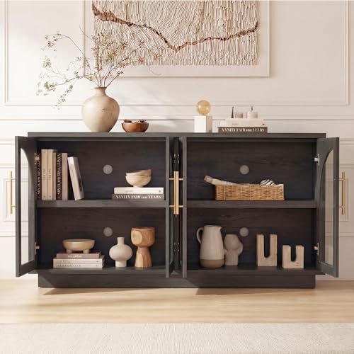 Fatmok Extra Long Console Table with Storage,Modular Buffet Sideboard Cabinet with Arched Glass Doors for Living Room,Entryway,Hallway,Black Grey(GB,2-Piece) - Image 6