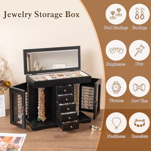 Miratino Jewelry Box for Women Girls, Wooden Jewelry Organizer Box with Mirror, 5 Layer Jewelry Storage Case Display for Necklaces Earrings Rings Bracelets Valentine's Day Gifts - Image 3