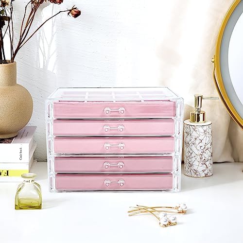 ProCase Earring Holder Organizer Jewelry Box with 5 Drawers, Pink - Image 6
