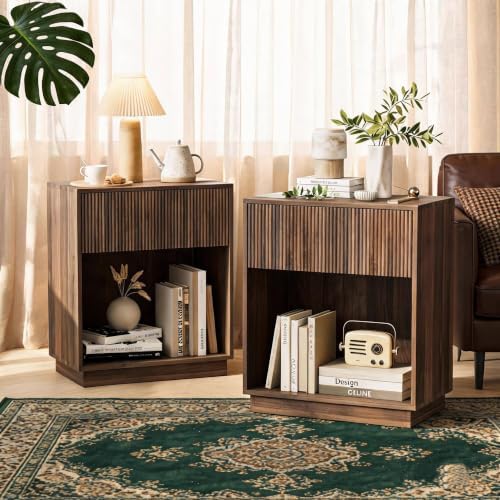 Fluted Nightstands Set of 2, Modern Bedside Table with Drawer and Storage Shelf, Wood End Table Mid Century Night Stands for Bedroom Living Room Sofa Couch Office (Walnut) by INNODToddlerTower