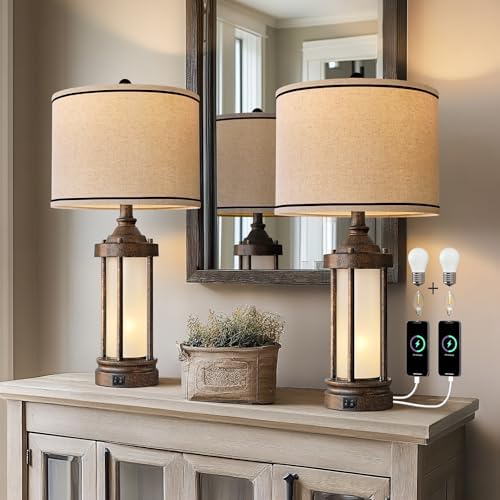 25'' Table Lamps Set of 2 for Living Room Bedroom Farmhouse Metal Lamps with 2 USB Ports, Built-In Frosted Glass Night Light Vintage Industrial Nightstand Bedside Lamp, 4 Bulbs Included, Bronze - Image 2