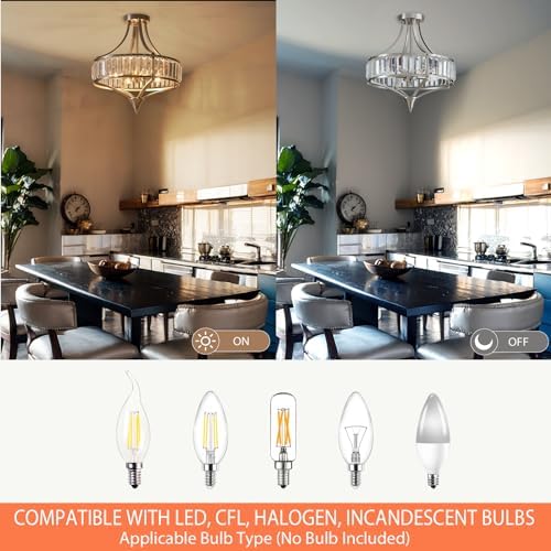 Brushed Nickel 4-Light Crystal Semi Flush Mount Ceiling Light Fixture Rustic Farmhouse Ceiling Lighting with Round Metal Shade Chandelier for Dining Room, Hallway, Bedroom, Foyer - Image 4