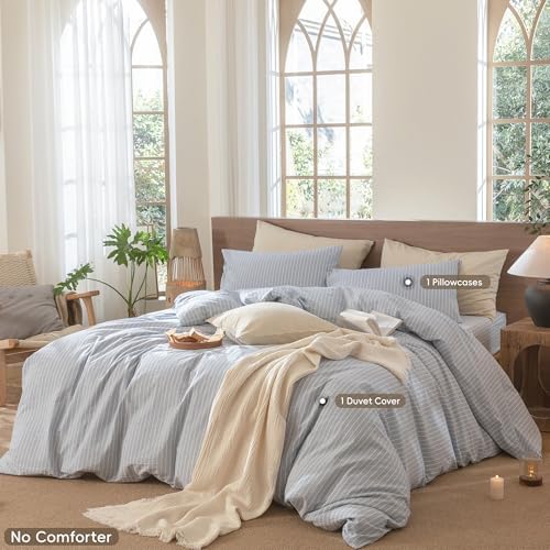 MooMee Striped Duvet Cover Set 100% Washed Cotton Linen Like Twin - Image 2