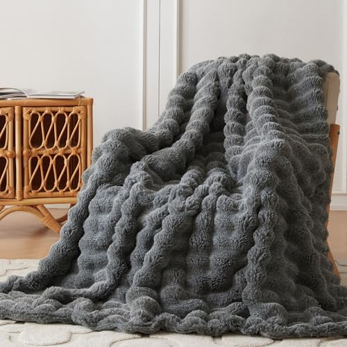 COOVA Soft Bubble Faux Fur Throw Blanket, 60"x80", Cationic Light Grey by COOVA