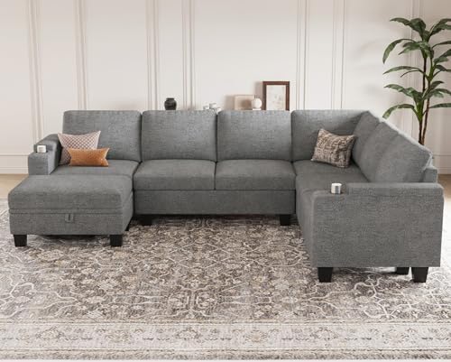 Belffin Chenille Modular Sectional Sofa Convertible L Shaped Corner Couches for Living Room with Storage Armrest with Cup Holder Light Grey Couch - Image 4