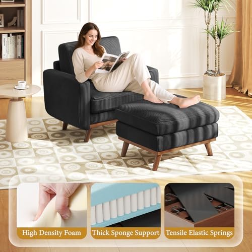 Vesgantti 38.5" Accent Chair with Movable Ottoman, Comfy Corduroy Armchair with Spring Cushion, Reading Chair with Ottoman, Modern Single Sofa for Living Room, Bedroom and Apartment, Black - Image 3