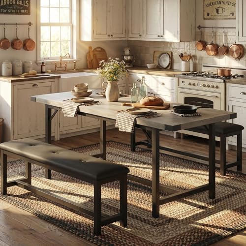 IDEALHOUSE 63" 3 Piece Extendable Dining Table Set for 4-6, Rectangle Wooden Kitchen Table with 2 Soft Benches Set for 6, Sturdy Metal Frame, Dinette Table Set for Apartment, Kitchen, Rustic Gray - Image 3