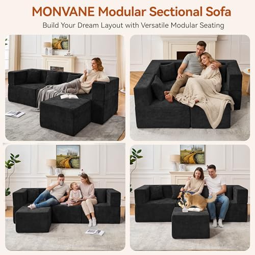 MONVANE 103'' Modular Sectional Sofa, Comfy Chenille Cloud Couch with Ottoman, Modern Convertible L Shaped Couch with Deep Seat, Sectional Couches for Living Room, Bedroom and Apartment, Black - Image 3