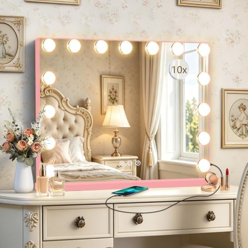 Ratsamee Pink Hollywood Vanity Mirror with Lights, 15 Dimmable Bulbs, 3 Color Lights,Make Up Lighted Mirror, Aluminum Metal Frame, USB Charging Port（23" x 18"） by RATSAMEE