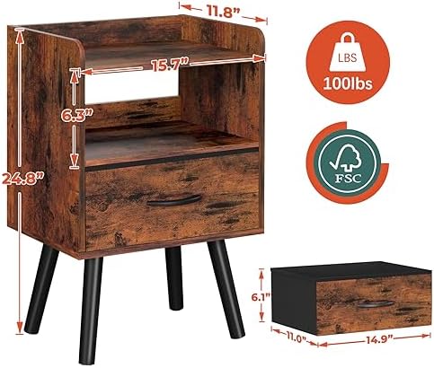 Yoobure Night Stand with Fabric Drawer, Modern Nightstand, Bedside Tables, Mid Century Nightstands with Open Storage Shelf, Wood Bedside Table, Small Night Stands for Bedrooms, 2-Tier Night Table - Image 3