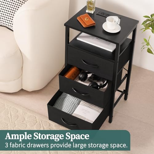Yoobure Night Stand with Charging Station, Black Nightstand with 3 Fabric Drawers and Storage Shelf, LED End Table with USB Ports and Outlets, Bedside Table for Small Space, Small Dresser for Bedroom - Image 4