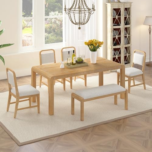 VilroCaz Vintage Extendable Dining Table Set for 4-6 with 4 Upholstered Chairs and 1 Bench, Rustic Wire Brushed Kitchen Table Set with Curved Design for Dining Room and Kitchen (Natural-1.9N) - Image 3