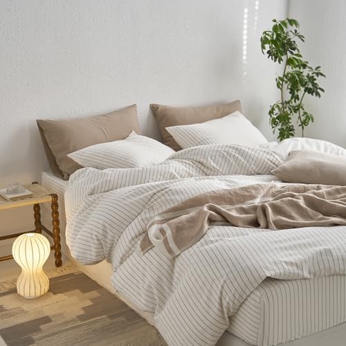MooMee Striped Duvet Cover Set 100% Washed Cotton Linen Like King - Image 4