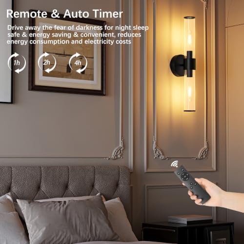 Morauroral Black Battery Operated Wall Sconces Set of 2, Rechargeable Wall Lights with Remote, 20 Inch Modern Wireless Wall Lamp for Bedroom, Living Room with Glass Shade (Bulbs Included) - Image 6