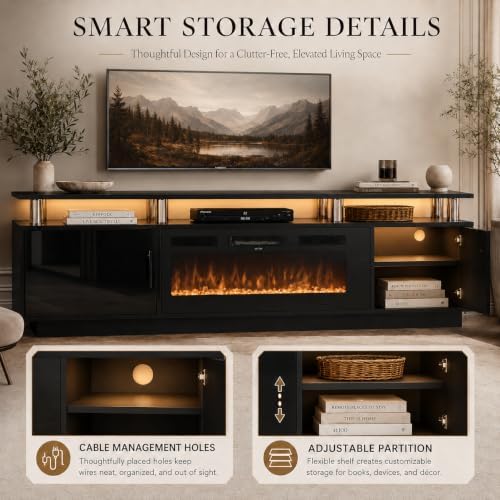 70" TV Stand for Living Room, Modern Entertainment Center & Media Console, Fits TVs up to 80", Storage Cabinet with Shelves, 36" Electric Fireplace with LED Flame (All Black) - Image 4