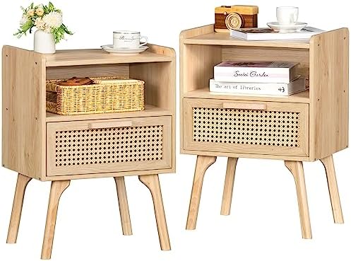 Lerliuo Rattan Nightstands Set of 2, Boho Side Table with Drawer Open Shelf by Lerliuo