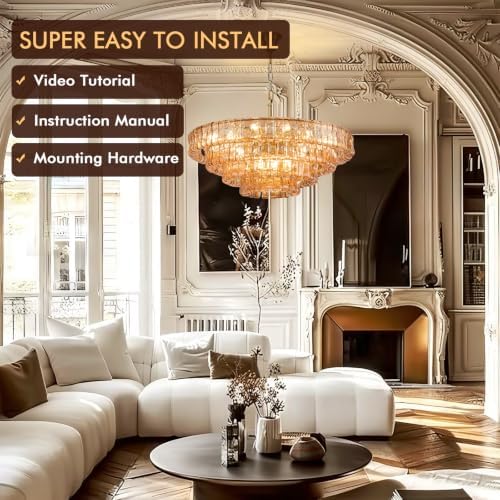 35in Large Chandelier Gold, Modern Dining Room Light Fixtures, 4 Layer Luxury Glass Chandelier 18 Light Chandeliers for Dining Room Kitchen Island Living Room (Amber Glass) - Image 2
