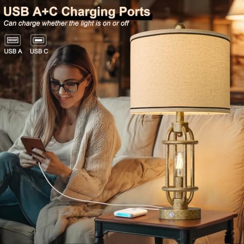 G-SAFAVA 23.75'' Table Lamps Set of 2 for Living Room Bedroom Industrial Farmhouse Metal Touch Lamps with USB A+C Ports, Night Light Vintage Nightstand Bedside Lamp, Bulbs Included, Champagne Gold - Image 3