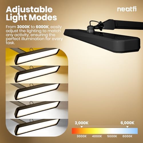 Neatfi XL 2,500 Lumens 30W LED Task Lamp with Clamp | 324 SMD LEDs | CCT | 5 Light Modes | 3000K–6000K | Dimmable | Adjustable Arm with Clamp | Desk Light for Home (Black, 22-Inch Wide Shade) - Image 4