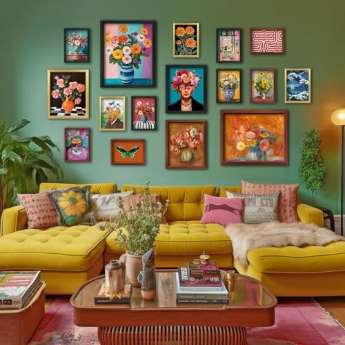 16 PCS Framed Eclectic Wall Art Decor, Mid Century Modern Maximalist Home Gallery Wall Frame Set Prints for Bedroom Bathroom, Colorful Posters for Living Room Aesthetic, Floral Artwork Collage Kit - Image 7