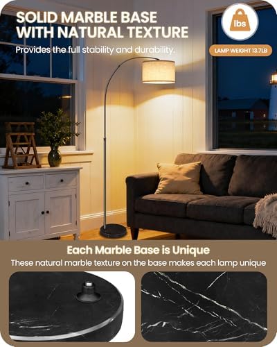 75" Tall Dimmable Arc Floor Lamp with Marble Base, Adjustable Height, Beige - Image 2