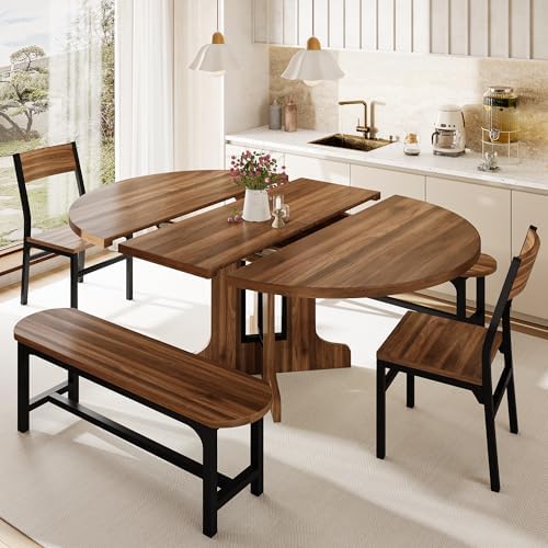 iPormis 5-Piece Round Dining Table Set for 4-6, 59" Extendable Dining Room Table Set with 2 Ergonomic Chairs & 2 Benches, Oval Modern Dinette Table with MDF Board and Metal Frame, Space-Saving, Walnut - Image 3