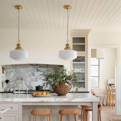 Milk Glass Pendant Light, 10.63" White Pleated Glass Chandelier, Vintage Brass Antique Pendant Lights, for Kitchen Island Lighting, Hallway, Bedroom, Dining Room, Foyer, E26 Bulb Included - Image 5