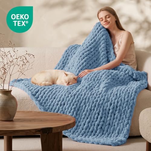 L'AGRATY Chunky Knit Throw Blanket for Couch, 50 x 70 Inches, Airy Blue - Image 2