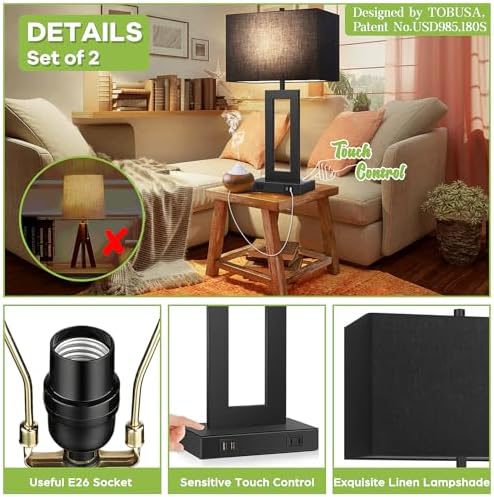 TOBUSA 28" Black Modern Table Lamp Set of 2 with 2 USB Ports&AC Outlet - Image 6